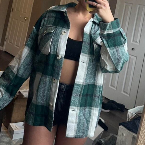Plaid Stripe green Oversized Flannel Shirt Shacket - Picture 13 of 16